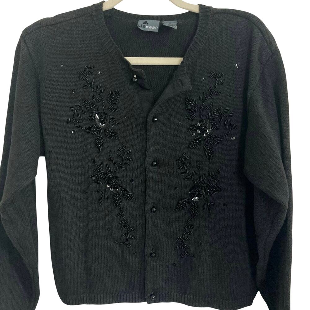 Lizwear Cotton Blend Black beaded Cardigan Size Small
